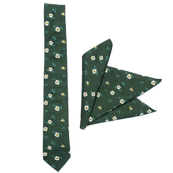 RSVLTS Wild Roses Tie & Pocket Square in Green — front view