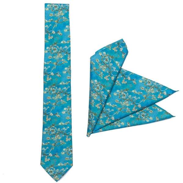 RSVLTS Almond Blossom Tie & Pocket Square in Blue — front view