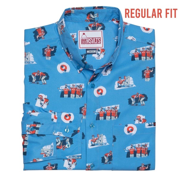 RSVLTS Eat, Drink, Sweep, Repeat Long Sleeve Shirt in Blue — front view