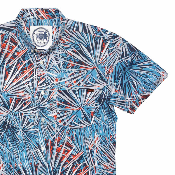 RSVLTS Red, White & Bloom KUNUFLEX Short Sleeve Shirt in Blue — front view