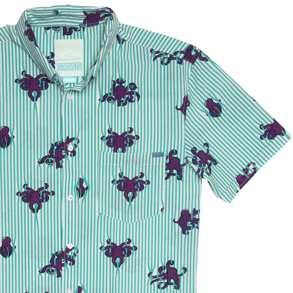 RSVLTS Octopus Stretch Seersucker Short Sleeve Shirt in Blue — front view