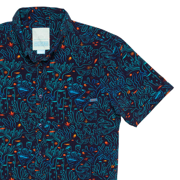 RSVLTS Coral Stretch Seersucker Short Sleeve Shirt in Blue — front view