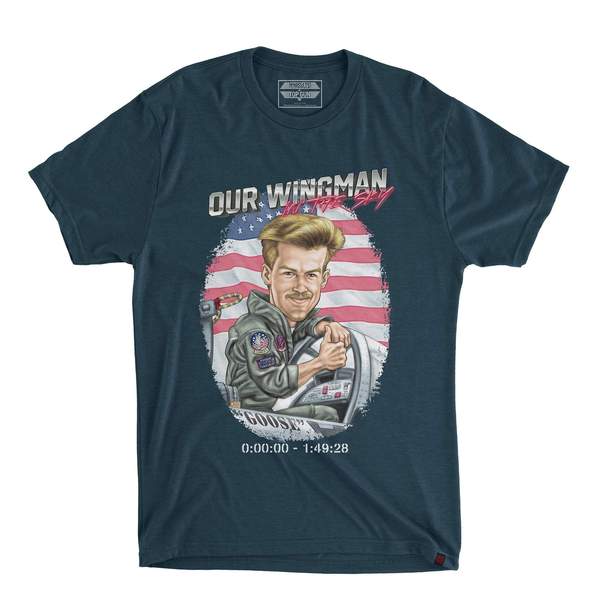 RSVLTS Goose: Our Wingman In The Sky Crewneck Tee in Blue — front view