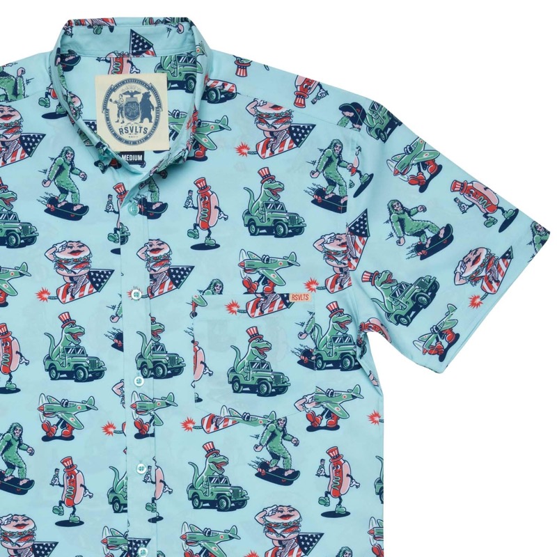 RSVLTS Nothing Here Makes Sense, Happy 4th KUNUFLEX Short Sleeve Shirt in Blue — front view
