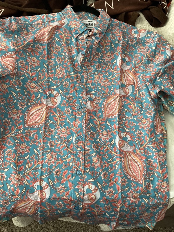RSVLTS Kalamkari Peacocks KUNUFLEX Short Sleeve Shirt in Blue — front view