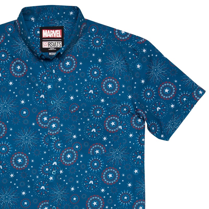 RSVLTS Stars, Stripes and Shields KUNUFLEX Short Sleeve Shirt in Blue — front view