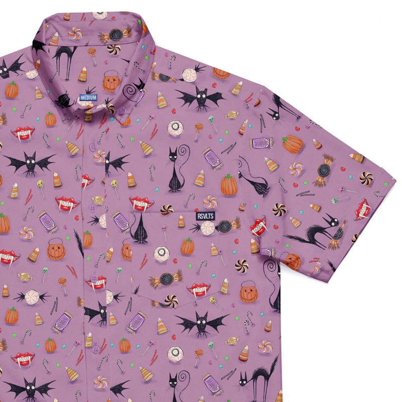 RSVLTS Cats & Bats & Candies (purple) retail exclusive KUNUFLEX Short Sleeve Shirt in Purple — front view