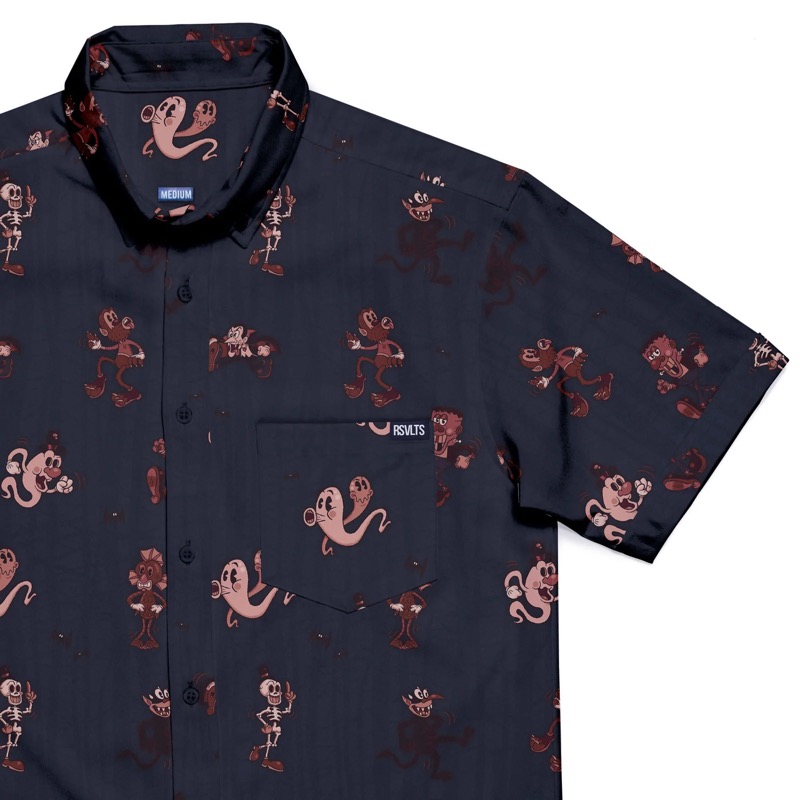 RSVLTS Spooky Soiree KUNUFLEX Short Sleeve Shirt in Gray — front view