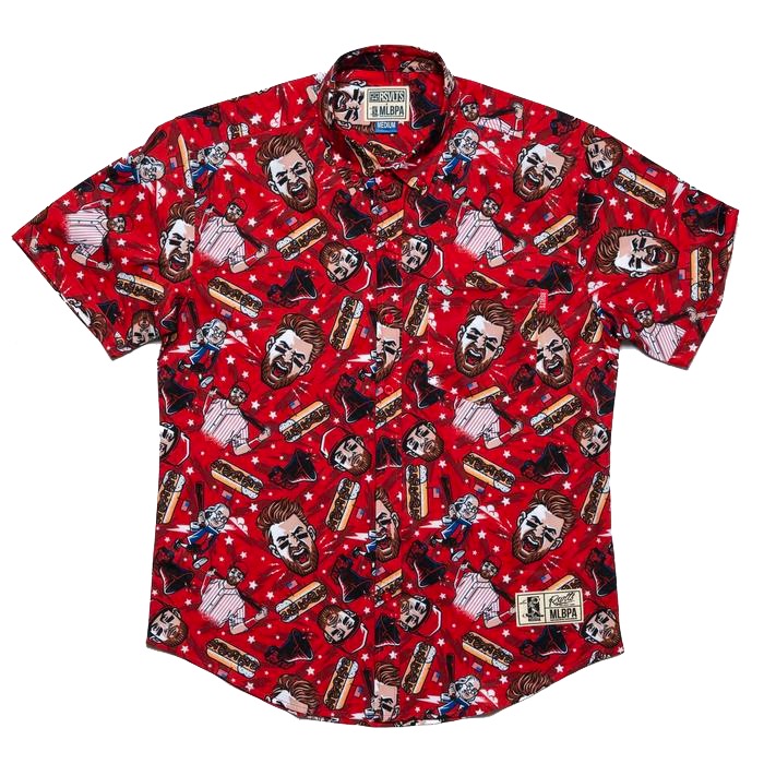 RSVLTS Ring the Bell KUNUFLEX Short Sleeve Shirt in Red — front view