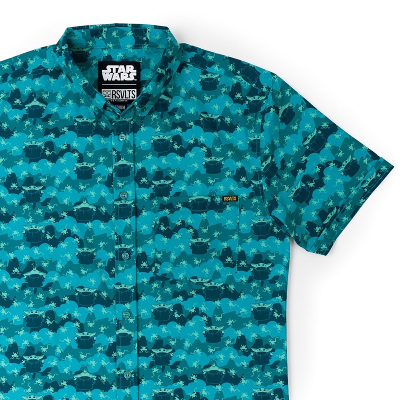 RSVLTS Grogu-Sized Snacks KUNUFLEX Short Sleeve Shirt in Green — front view