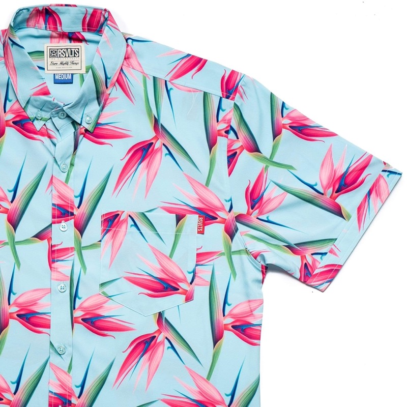 RSVLTS Enter The Dragon Flower KUNUFLEX Short Sleeve Shirt in Blue — front view