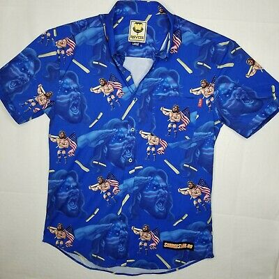 RSVLTS Hacksaw Jim Duggan Summer Slam ’89 KUNUFLEX Short Sleeve Shirt in Blue — front view