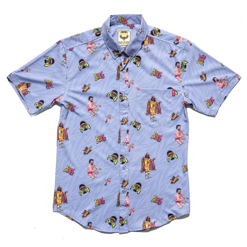 RSVLTS Macho Man Randy Savage KUNUFLEX Short Sleeve Shirt in Blue — front view