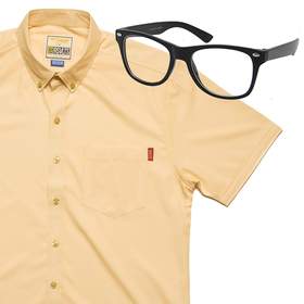 RSVLTS Michael ‘Squints’ Palledorous KUNUFLEX Short Sleeve Shirt in Yellow — front view