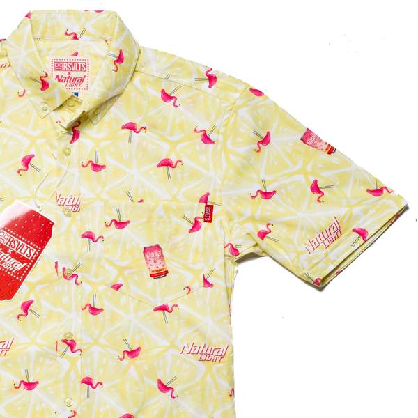 RSVLTS Naturdays Flamingos KUNUFLEX Short Sleeve Shirt in Yellow — front view