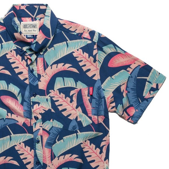 RSVLTS Pastel Palms KUNUFLEX Short Sleeve Shirt in Blue — front view