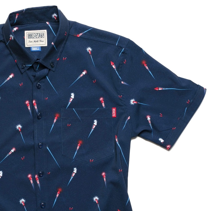 RSVLTS Red White & Boom KUNUFLEX Short Sleeve Shirt in Blue — front view