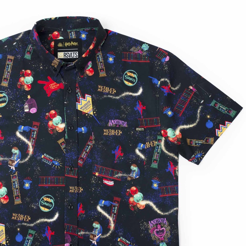 RSVLTS Weasleys’ Wizard Wheezes KUNUFLEX Short Sleeve Shirt in Blue — front view
