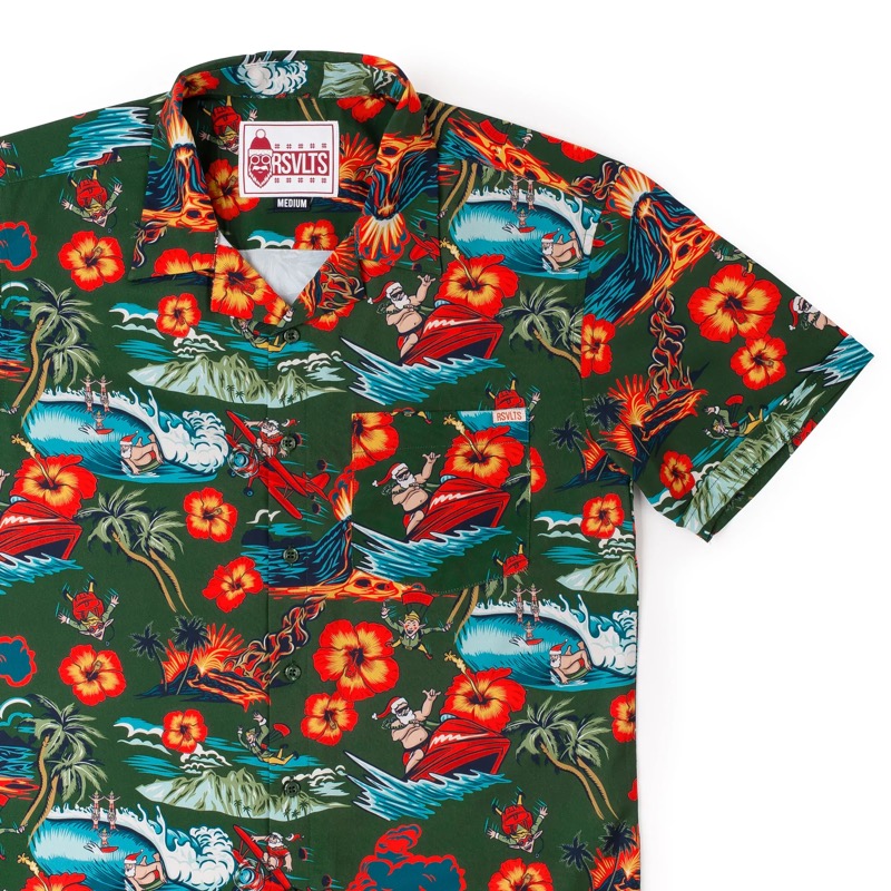 RSVLTS Santa’s Xtreme Adventure KUNUFLEX Short Sleeve Shirt in Green — front view