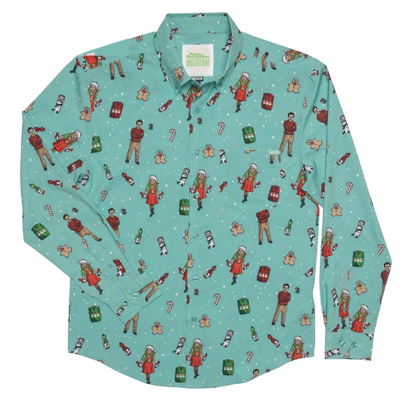 RSVLTS A Very Pawnee Christmas Long Sleeve Shirt in Green — front view