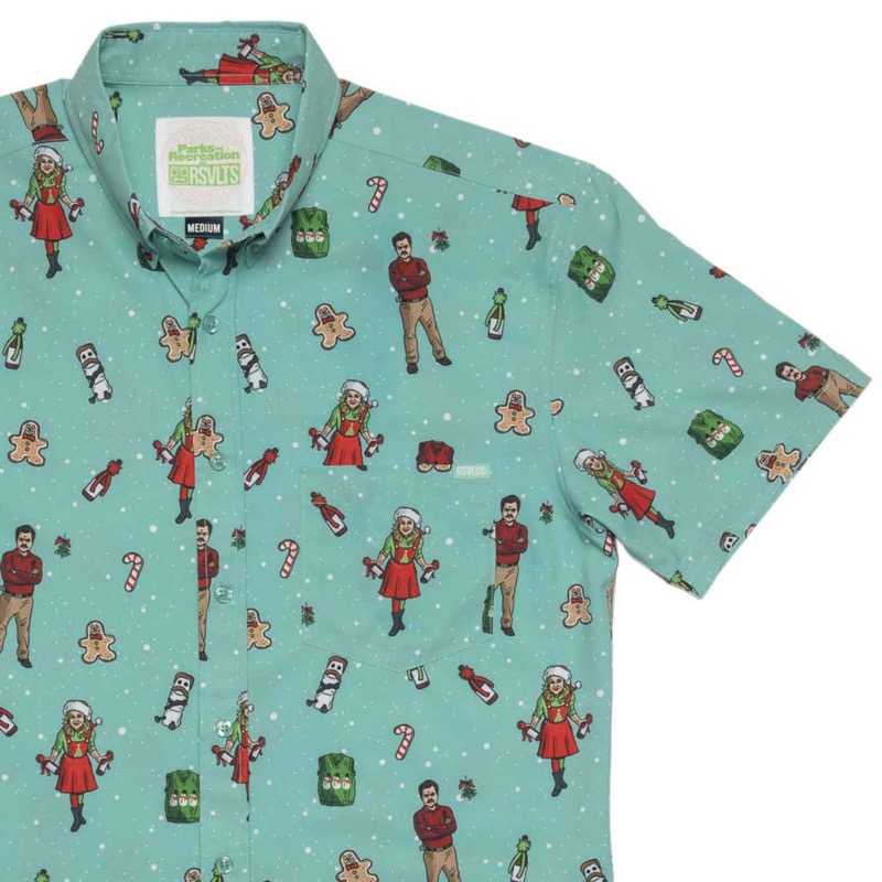 RSVLTS A Very Pawnee Christmas KUNUFLEX Short Sleeve Shirt in Green — front view