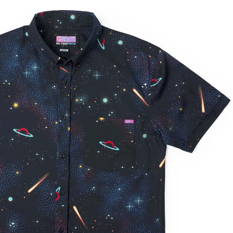RSVLTS Arcade Carpet Strikes Back KUNUFLEX Short Sleeve Shirt in Blue — front view