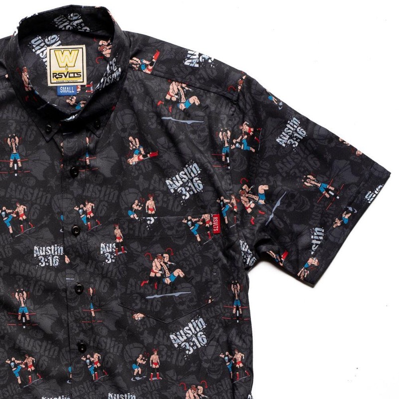 RSVLTS Stone Cold Steve Austin KUNUFLEX Short Sleeve Shirt in Black — front view