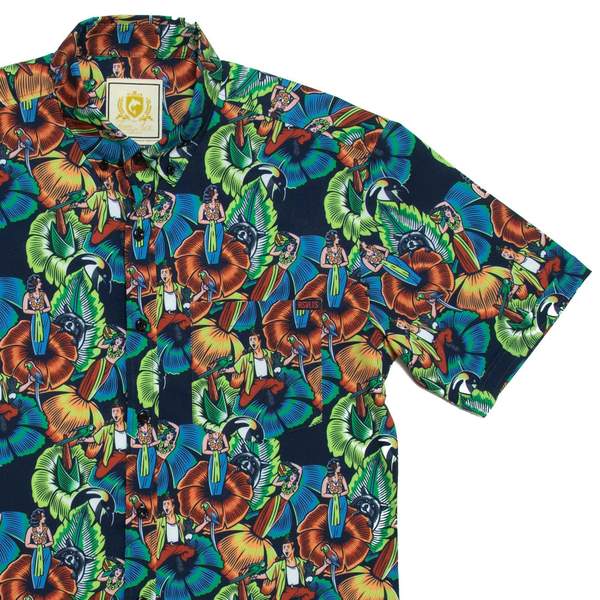 RSVLTS Tom Ace Jungle Friends KUNUFLEX Short Sleeve Shirt in Black — front view