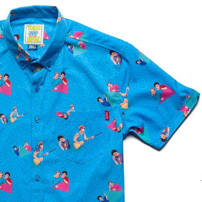 RSVLTS Zack Morris & Screech Powers BFF KUNUFLEX Short Sleeve Shirt in Blue — front view