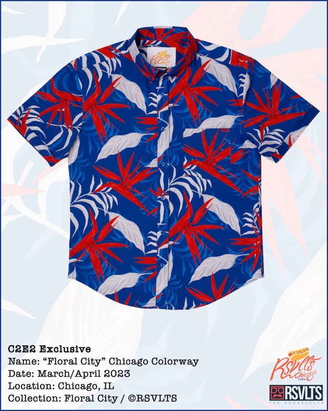 RSVLTS Floral City – Chicago 2023 KUNUFLEX Short Sleeve Shirt in Blue — front view