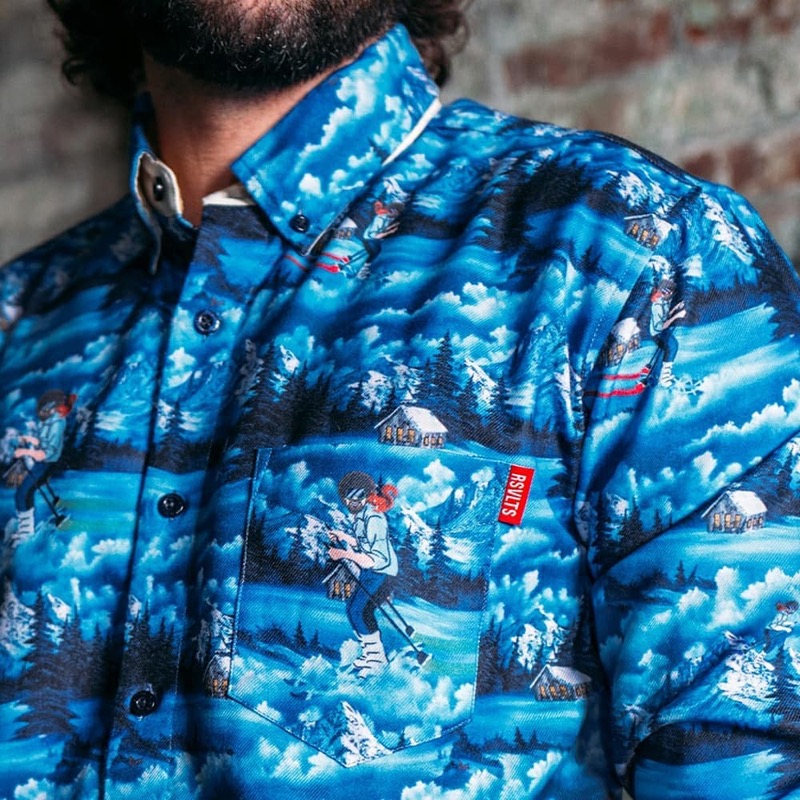 RSVLTS Happy Little Ski Slope BorlandFlex Long Sleeve Flannel in Blue — front view