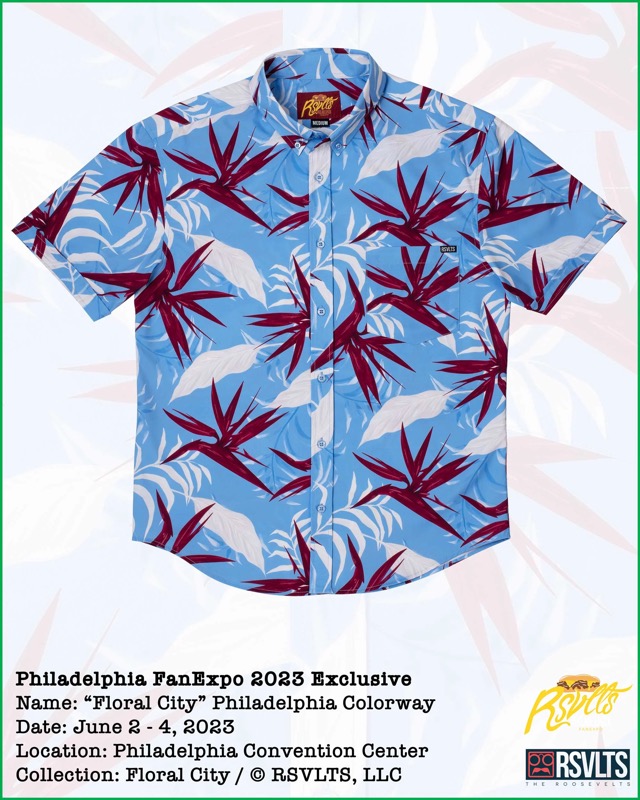 RSVLTS Floral City – Philadelphia 2023 KUNUFLEX Short Sleeve Shirt in Blue — front view