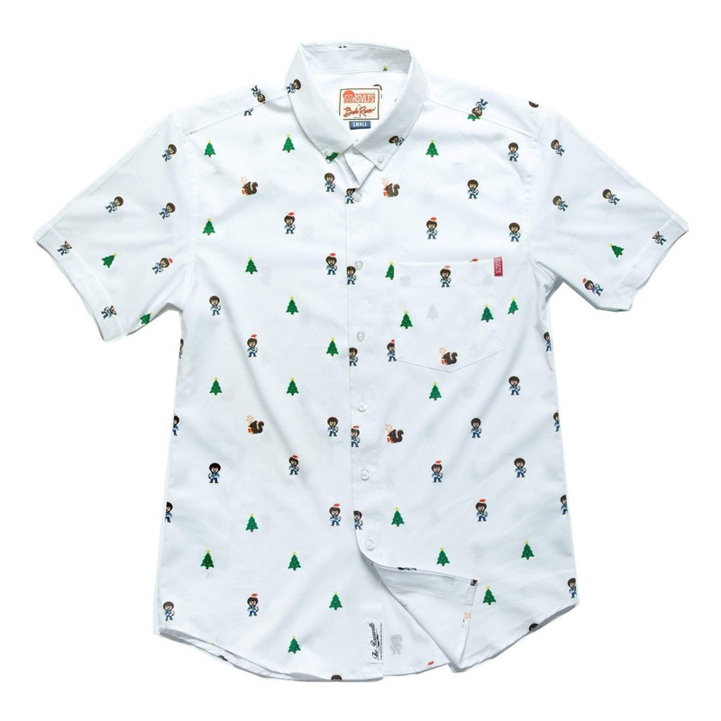 RSVLTS Happy Little Holiday Trees KUNUFLEX Short Sleeve Shirt in White — front view