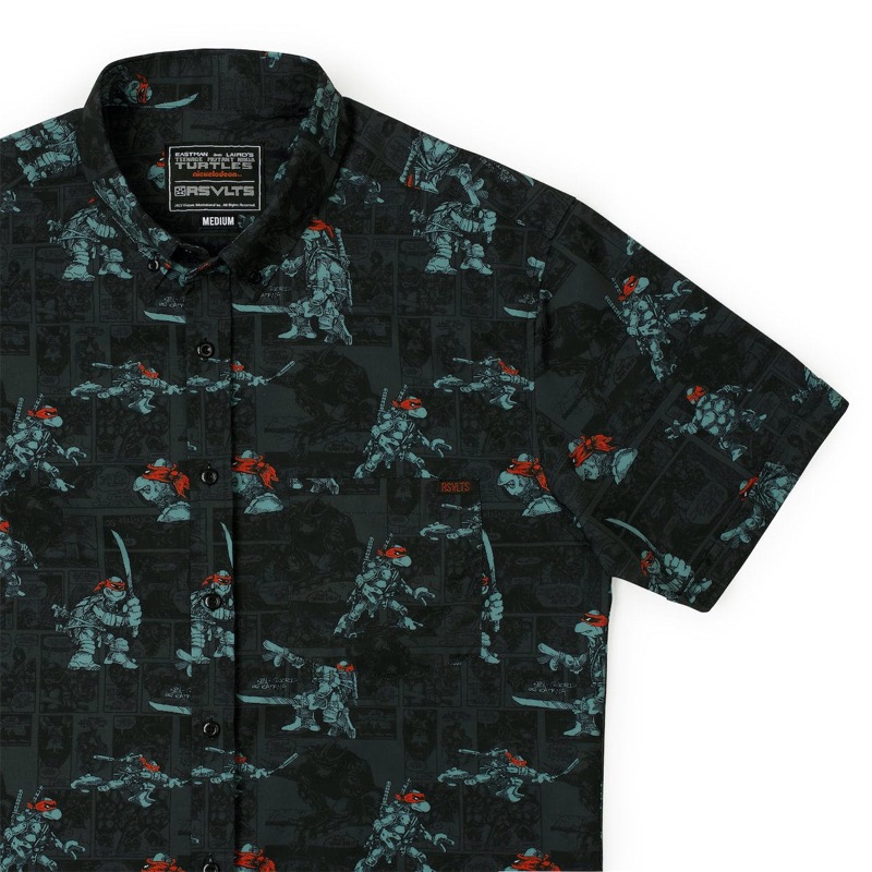 RSVLTS Birth of the Turtles KUNUFLEX Short Sleeve Shirt in Black — front view