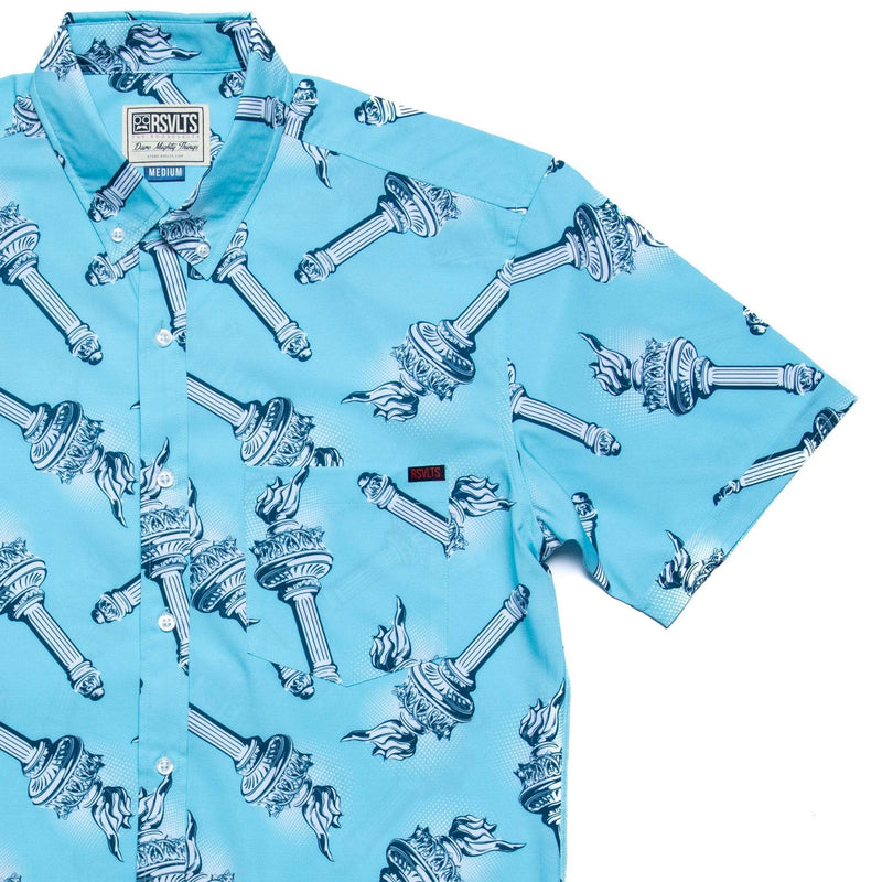 RSVLTS Lady Liberty's Annual Torch Toss KUNUFLEX Short Sleeve Shirt in Blue — front view