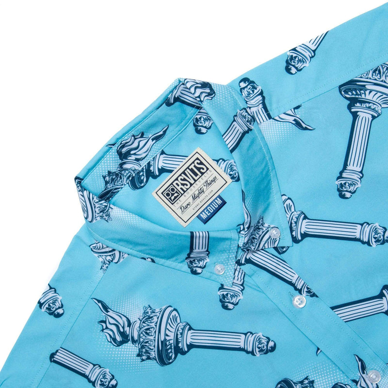 RSVLTS Lady Liberty's Annual Torch Toss KUNUFLEX Short Sleeve Shirt in Blue — detail 3