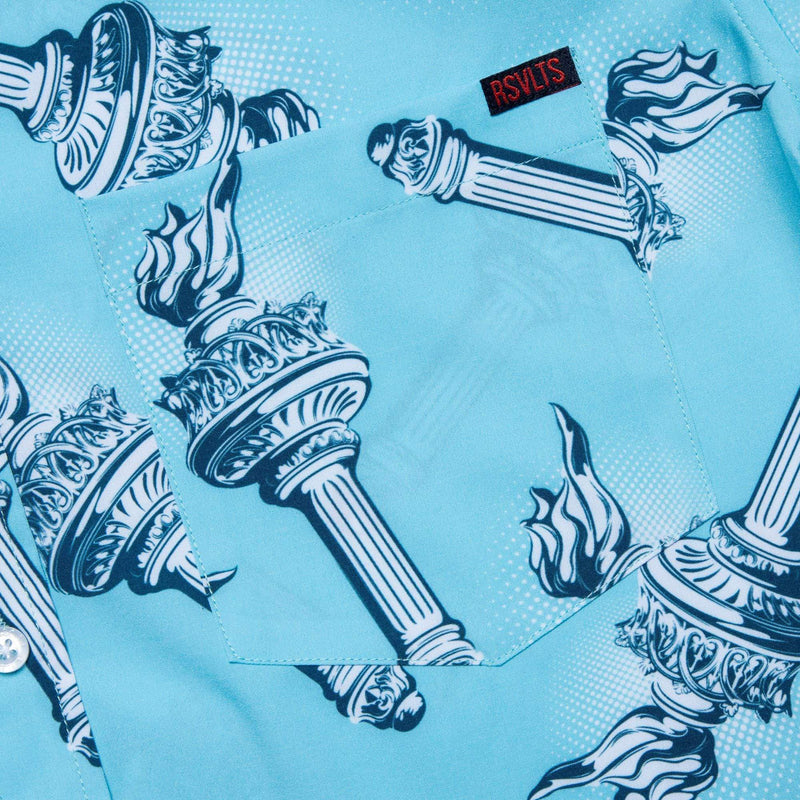 RSVLTS Lady Liberty's Annual Torch Toss KUNUFLEX Short Sleeve Shirt in Blue — detail 4