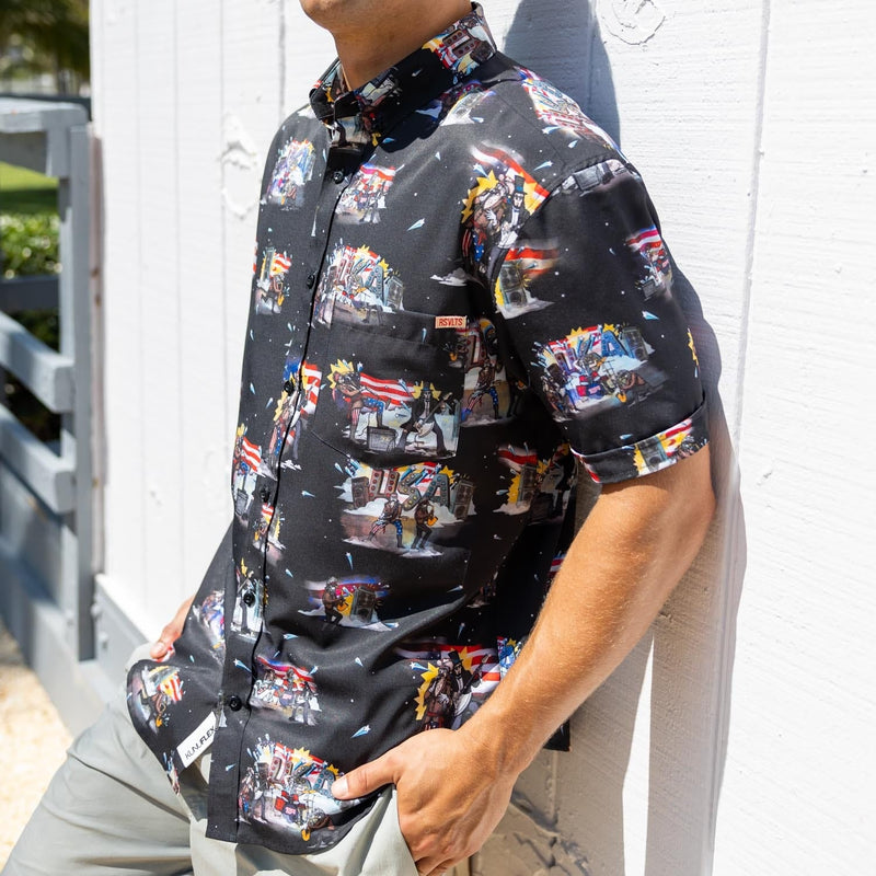 RSVLTS Plymouth Rock Gods KUNUFLEX Short Sleeve Shirt in Black — front view