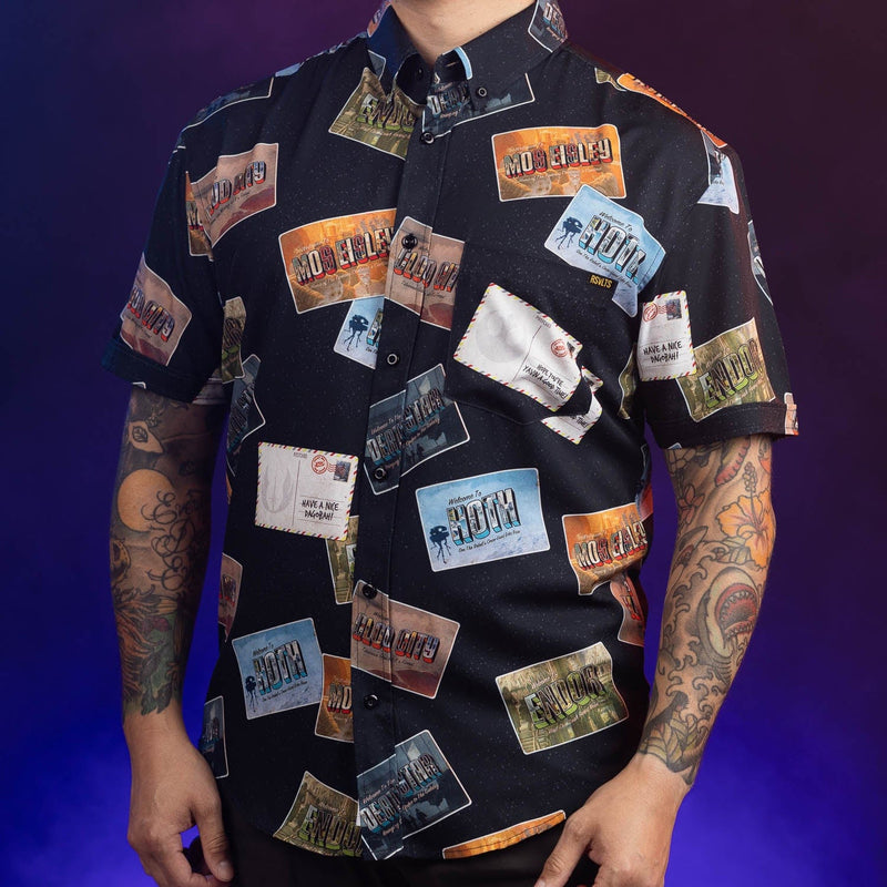 RSVLTS Greetings from Far, Far Away KUNUFLEX Short Sleeve Shirt in Black — detail 2