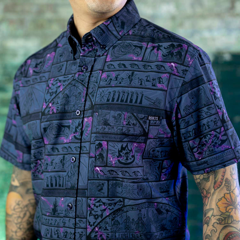 RSVLTS Wall of Destiny KUNUFLEX Short Sleeve Shirt in Black — front view