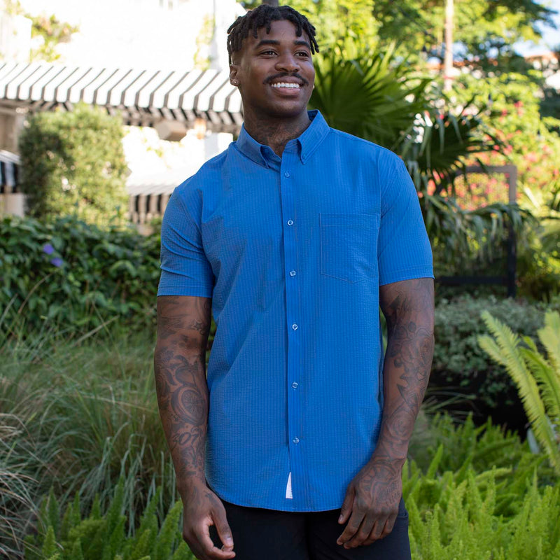 RSVLTS Regatta Stretch Seersucker Short Sleeve Shirt in Blue — detail 5