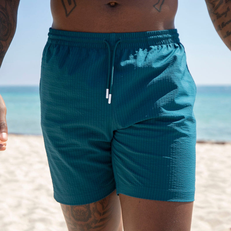 RSVLTS Chesapeake Bay Stretch Seersucker Hybrid Shorts in Blue — front view