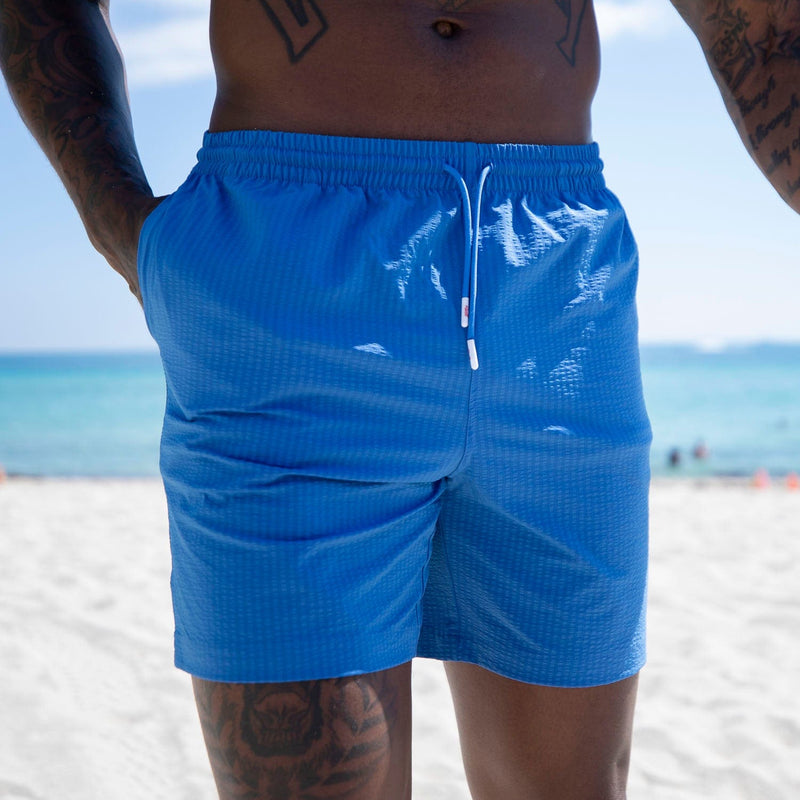 RSVLTS Regatta Stretch Seersucker Hybrid Shorts in Blue — front view