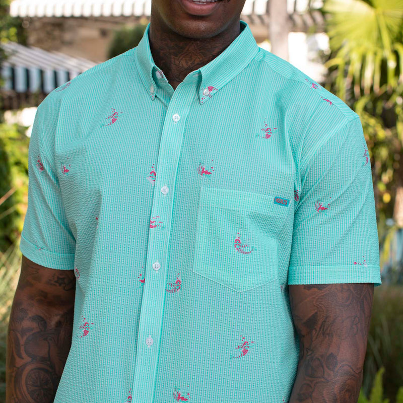 RSVLTS Mermaids Stretch Seersucker Short Sleeve Shirt in Green — front view