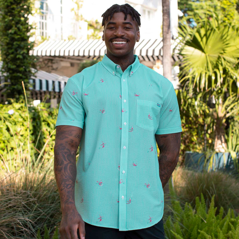 RSVLTS Mermaids Stretch Seersucker Short Sleeve Shirt in Green — detail 2