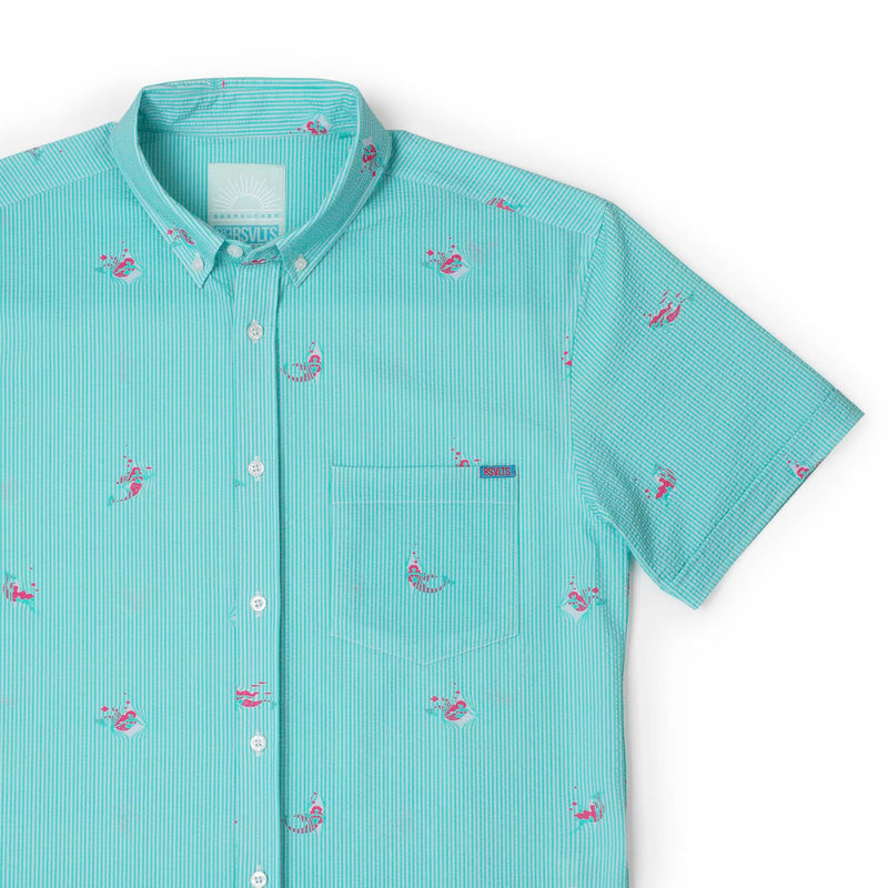 RSVLTS Mermaids Stretch Seersucker Short Sleeve Shirt in Green — detail 3
