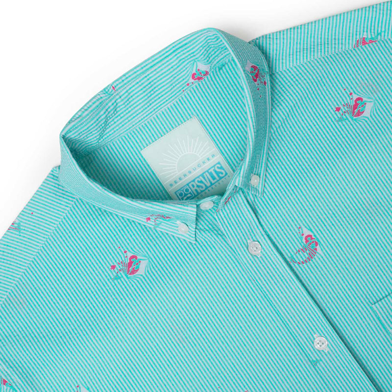 RSVLTS Mermaids Stretch Seersucker Short Sleeve Shirt in Green — detail 6