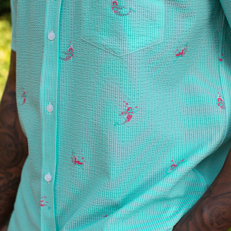 RSVLTS Mermaids Stretch Seersucker Short Sleeve Shirt in Green — detail 7