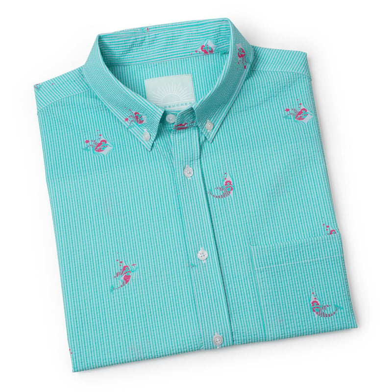 RSVLTS Mermaids Stretch Seersucker Short Sleeve Shirt in Green — detail 8
