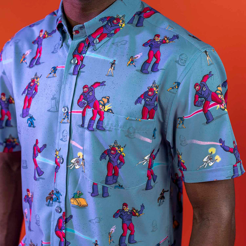 RSVLTS Night of the Sentinels KUNUFLEX Short Sleeve Shirt in Blue — front view
